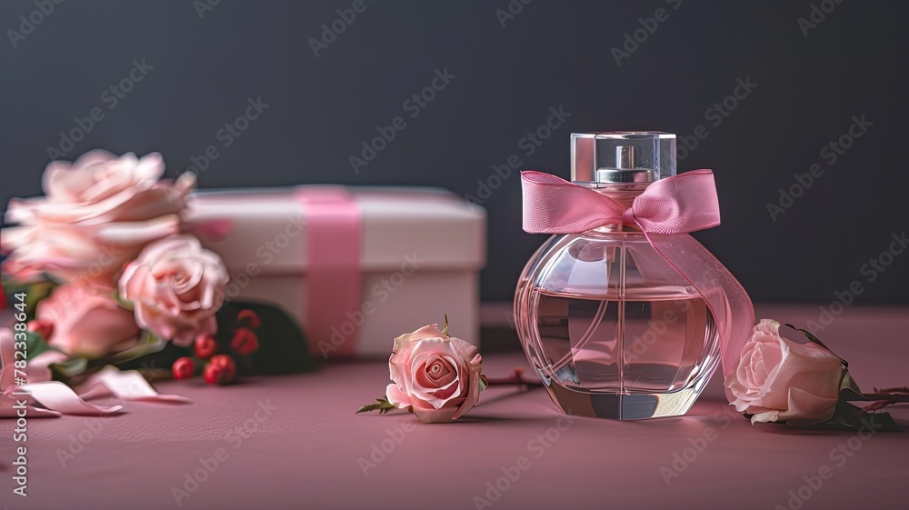 a glass perfume bottle adorned with a delicate pink ribbon and roses, accompanied by a gift box in the background, set against a rich brown backdrop. a glass perfume bottle adorned with a delicate pink ribbon and roses, accompanied by a gift box in the background, set against a rich brown backdrop.