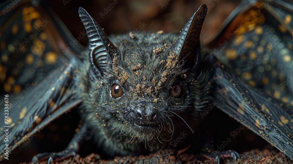 A tight shot of a bat with brown markings on its wings and a black body speckled with yellow spots A tight shot of a bat with brown markings on its wings and a black body speckled with yellow spots