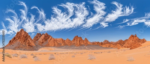  A desert landscape featuring a blue-skied grouping of mountains with scant cloud wisps