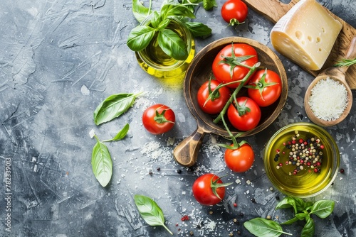 Top view of fresh Italian cuisine ingredients on rustic background