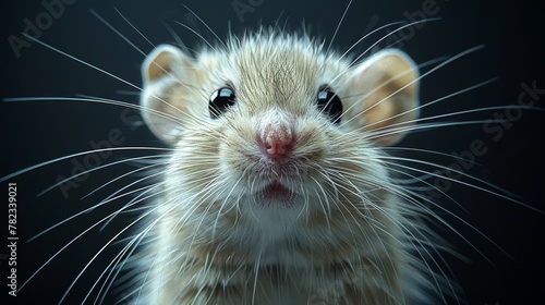  A rodent's face in tight focus against a black backdrop, its features softly blurred