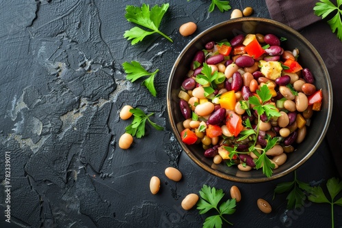 Top view of homemade three bean salad in a bowl photo