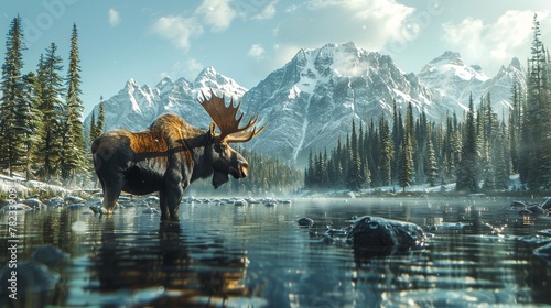  A moose stands in the lake's center, surrounded by mountains in the background and trees encircling the foreground