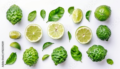 Top view of isolated bergamot fruits or kaffir lime on white background Flat lay