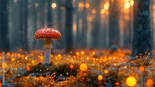  A mushroom nestled among trees, bathed in yellow and orange light filtering through the forest