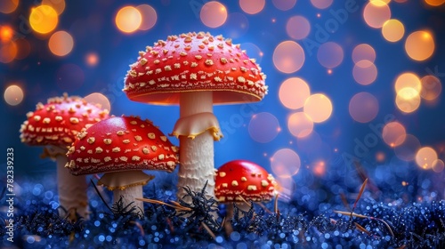  A lush green field dotted with red mushrooms, speckled with blue and gold flecks