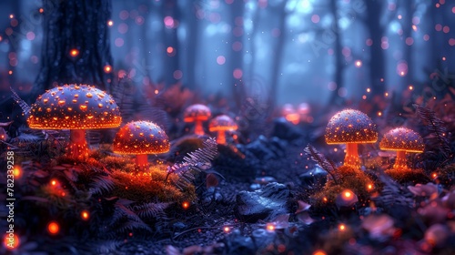  A cluster of mushrooms crowns a lush forest, adorned with glowing caps atop verdant greenery