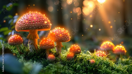  A group of mushrooms sits atop a lush, green forest, illuminated by numerous bright yellow glowing lights adjacent to a forest teeming with trees