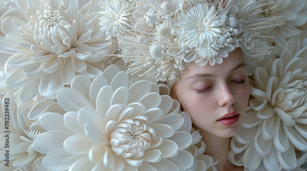   A woman adorned with flowers in her hair stands among white chrysanthemums, gazing intently at her reflection