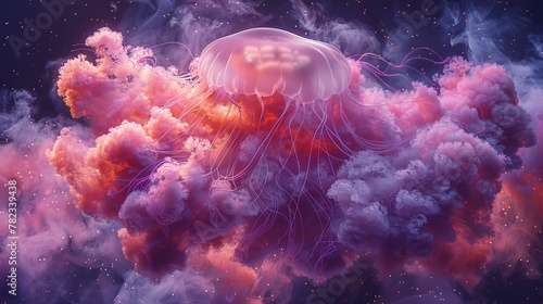  A jellyfish floats in the night sky, enveloped by clouds of pink and purple smoke, with stars surrounding it