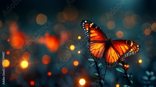  A tight shot of a butterfly perched on a flower, surrounded by softly blurred lights in the background The foreground features an indistinct, blurry image