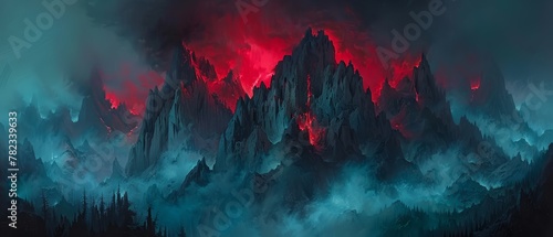   A painting of a mountain scene with red and blue smoke rising from its peak  trees in the foreground