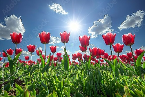 Spring landscape with bright tulips in a field in the sun