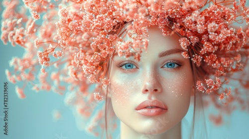  pink flowers adorn her head, framing blue eyes photo