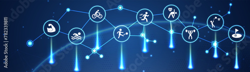 Sports vector EPS 10. Blue concept with no people and icons related to exercising, training and fitness, heart health, healthy and sportive active lifestyle photo