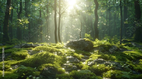   The sun penetrates the verdant forest, where trees allow its rays to filter through, moss blankets the ground beneath, and rocks dot the foreground photo