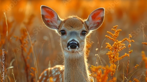  A tight shot of a deer in a field, surrounded by tall grass Flowers dot the foreground, while the background softly blurs