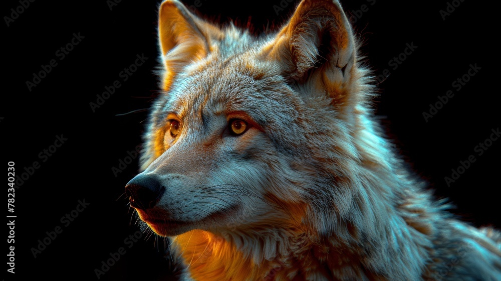 A wolf's intense face, in close-up, set against a black background A wolf's intense face, in close-up, set against a black background