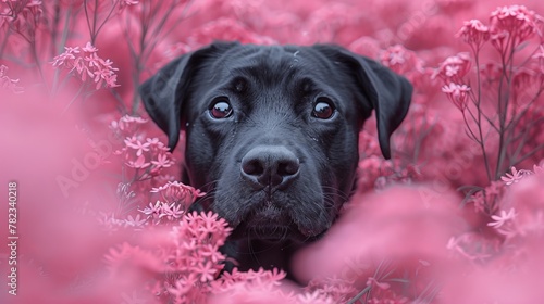   A tight shot of a melancholic black dog among a sea of pink blooms