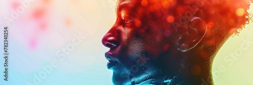 horizontal banner, portrait of an African American guy on a light background, close-up, side view, bokeh effect, copy space