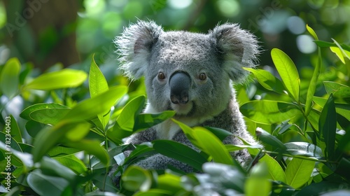   A tight shot of a koala in a tree  surrounded by foreground leaves  and a background softly blurred