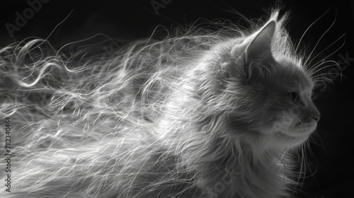   A black-and-white image of a long-haired cat gazing off to the side