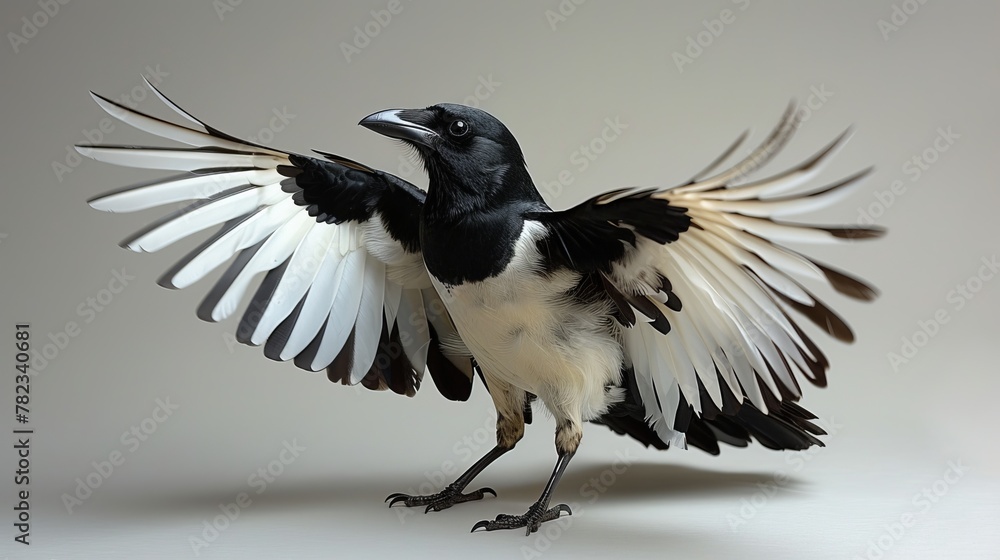 Obraz premium A black-and-white bird with its wings spread wide