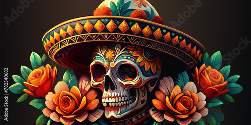 Mexico festive for festival dia de los muertos. Retro old school skull for chicano tattoo. Illustration of decorated mexican sugar skull with traditional sombrero, surrounded by ornate roses