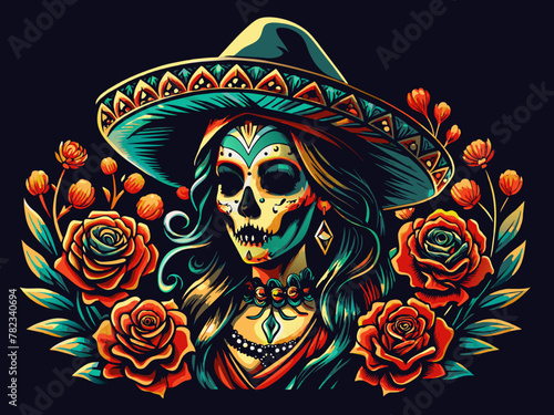 Mexican woman Mexico festive for festival dia de los muertos. Dead female skull adorned with roses and a traditional sombrero hat on black background. Sugar skull