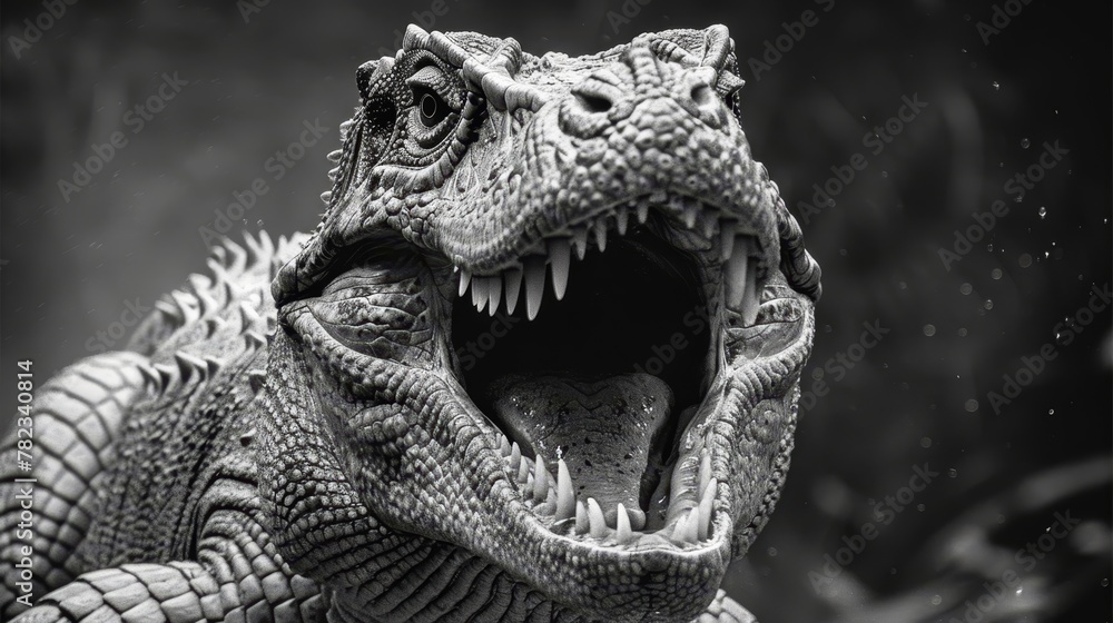 A close-up of a dinosaur's open mouth, widely gaped A close-up of a dinosaur's open mouth, widely gaped