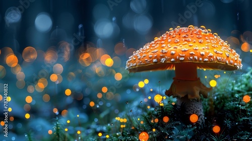  A tight shot of a mushroom on mossy terrain, surrounded by numerous lights in the backdrop