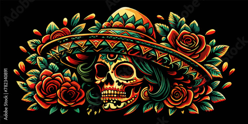 Mexican woman Mexico festive for festival dia de los muertos. Female sugar skull adorned with roses and wearing a sombrero