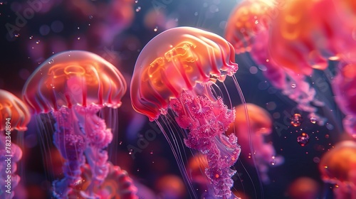  A collection of jellyfish hover above blue-pink water teeming with numerous pink and orange specimens