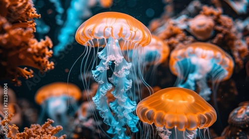 A group of orange and blue jellyfish swims in a vibrant underwater scene of blue and orange corals in the ocean