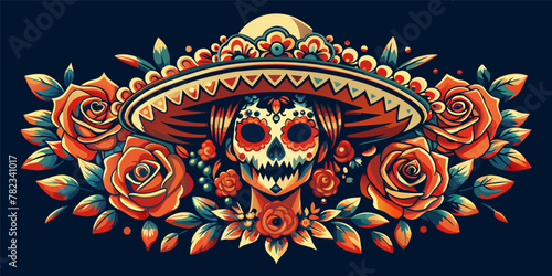 Mexican woman Mexico festive for festival dia de los muertos. Vibrant vector illustration of a decorative female sugar skull with sombrero for day of the dead celebration