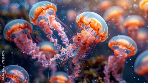  A collection of jellyfish drifts in the ocean, surrounded by numerous oranges andpinks