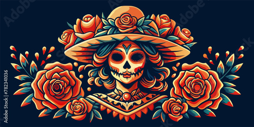 Mexican woman Mexico festive for festival dia de los muertos. Retro old school of female sugar skull adorned with flowers for chicano tattoo. Colorful art for day of the dead on dark background