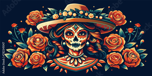 Mexican woman Mexico festive for festival dia de los muertos. Vibrant vector illustration of a decorative female sugar skull with sombrero for day of the dead celebration