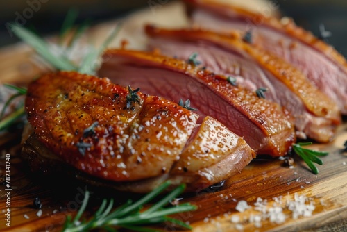 Close up of roasted duck breast with aromatic herbs on wooden board