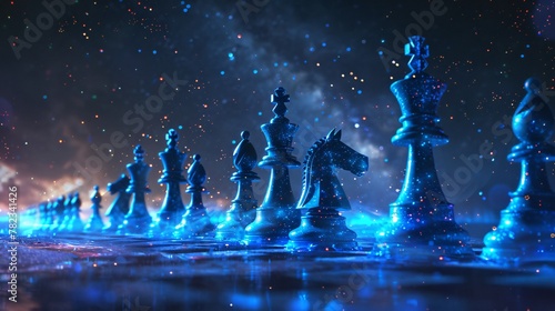 In this illustration chess pieces radiate neon blue against a digital realm including space for custom text
