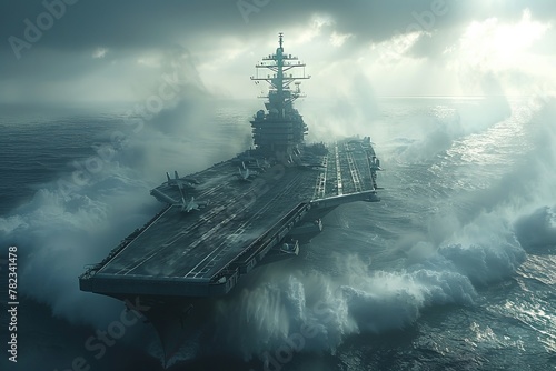 A massive military vessel sails on the vast ocean under the open sky © Vladimir
