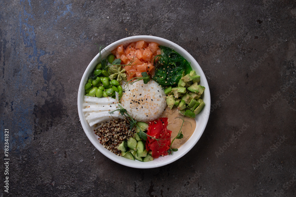 Top view of fresh ingredients for healthy eating on white plate Top view of fresh ingredients for healthy eating on white plate