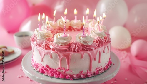 Closeup of pink background with burning candles on a birthday cake