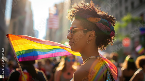 LGBT Pride Month, International Day Against Homophobia, smiling African American girl in sunglasses, curly hair, side view, lgbt flag, lgbt parade
