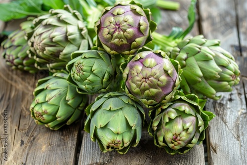 Colorful Globe Artichokes displayed on wooden table