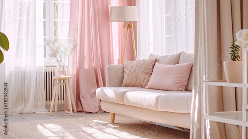 a living room interior adorned with pastel pink and beige curtains  a cozy sofa  stylish lamp  plush carpet  and floor-to-ceiling windows  presenting a chic home decor idea for contemporary houses.