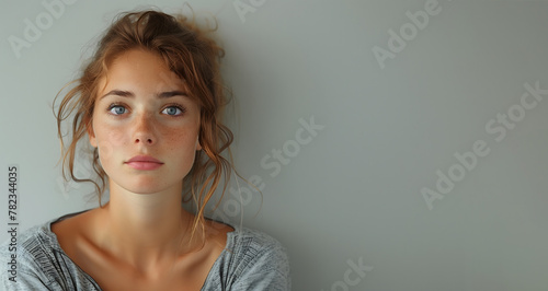Young woman with freckles and a thoughtful look against a grey background