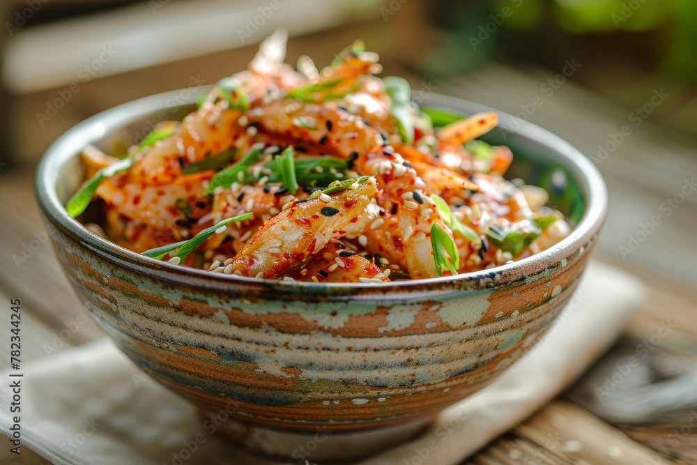 Crab stick salad with spicy sauce in a ceramic bowl Crab stick salad with spicy sauce in a ceramic bowl