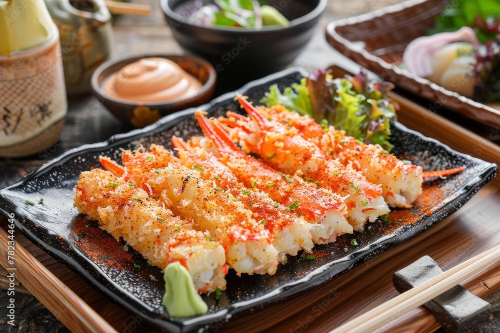 Crispy crab sticks on black plate with seasoning mayo bottle on wooden tray Crispy crab sticks on black plate with seasoning mayo bottle on wooden tray