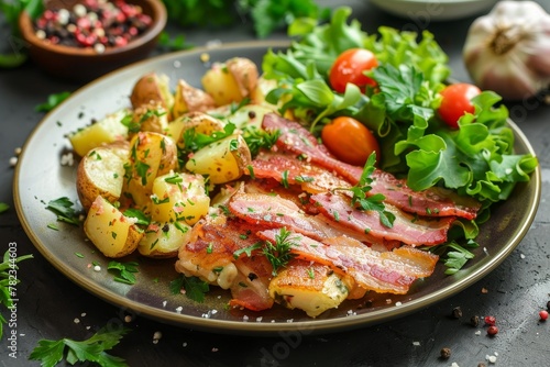Crispy bacon potato salad and green vegetables on plate